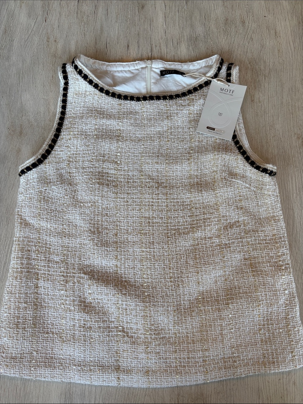 MOTF Cream Tweed Sleeveless Tank with Black Trim